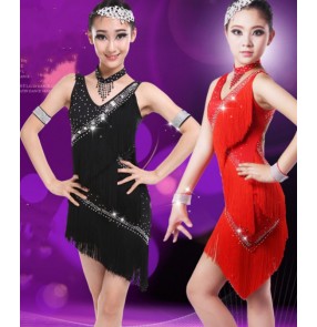 Black red royal blue competition latin dance dresses for girls kids children ballroom salsa rumba chacha modern dance costumes for kids